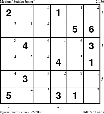 The grouppuzzles.com Medium Sudoku-Junior puzzle for Thursday March 5, 2026 with all 5 steps marked