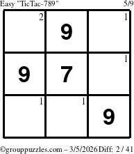 The grouppuzzles.com Easy TicTac-789 puzzle for Thursday March 5, 2026 with the first 2 steps marked