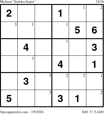 The grouppuzzles.com Medium Sudoku-Junior puzzle for Thursday March 5, 2026 with the first 3 steps marked