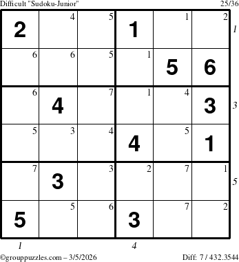 The grouppuzzles.com Difficult Sudoku-Junior puzzle for Thursday March 5, 2026, suitable for printing, with all 7 steps marked