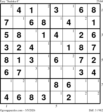 The grouppuzzles.com Easy Sudoku-8 puzzle for Thursday March 5, 2026, suitable for printing, with all 3 steps marked