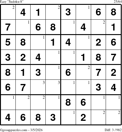 The grouppuzzles.com Easy Sudoku-8 puzzle for Thursday March 5, 2026 with the first 3 steps marked