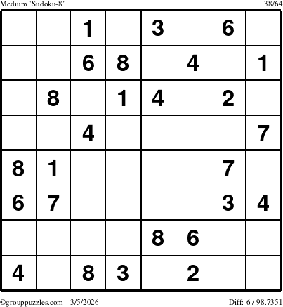 The grouppuzzles.com Medium Sudoku-8 puzzle for Thursday March 5, 2026