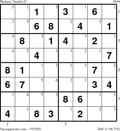 The grouppuzzles.com Medium Sudoku-8 puzzle for Thursday March 5, 2026, suitable for printing, with all 6 steps marked