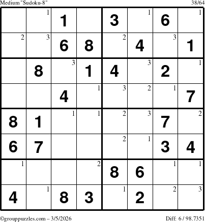 The grouppuzzles.com Medium Sudoku-8 puzzle for Thursday March 5, 2026 with the first 3 steps marked
