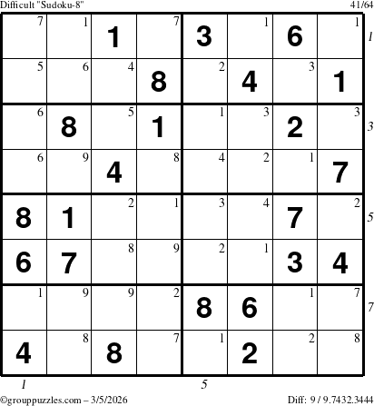 The grouppuzzles.com Difficult Sudoku-8 puzzle for Thursday March 5, 2026, suitable for printing, with all 9 steps marked