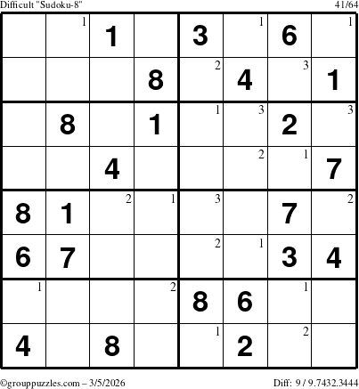 The grouppuzzles.com Difficult Sudoku-8 puzzle for Thursday March 5, 2026 with the first 3 steps marked