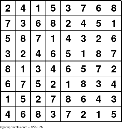 The grouppuzzles.com Answer grid for the Sudoku-8 puzzle for Thursday March 5, 2026