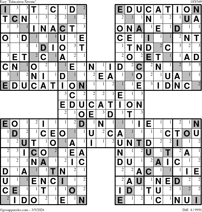 The grouppuzzles.com Easy Education-Xtreme puzzle for Thursday March 5, 2026 with the first 3 steps marked