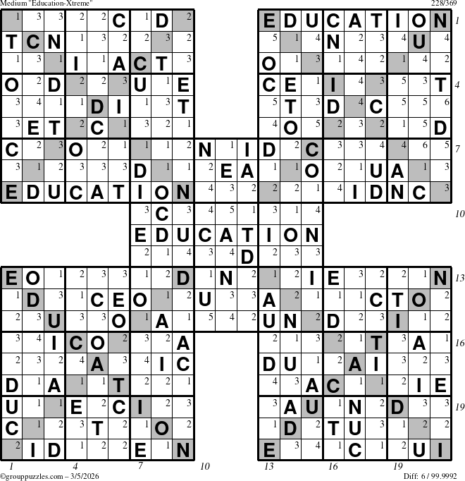 The grouppuzzles.com Medium Education-Xtreme puzzle for Thursday March 5, 2026, suitable for printing, with all 6 steps marked