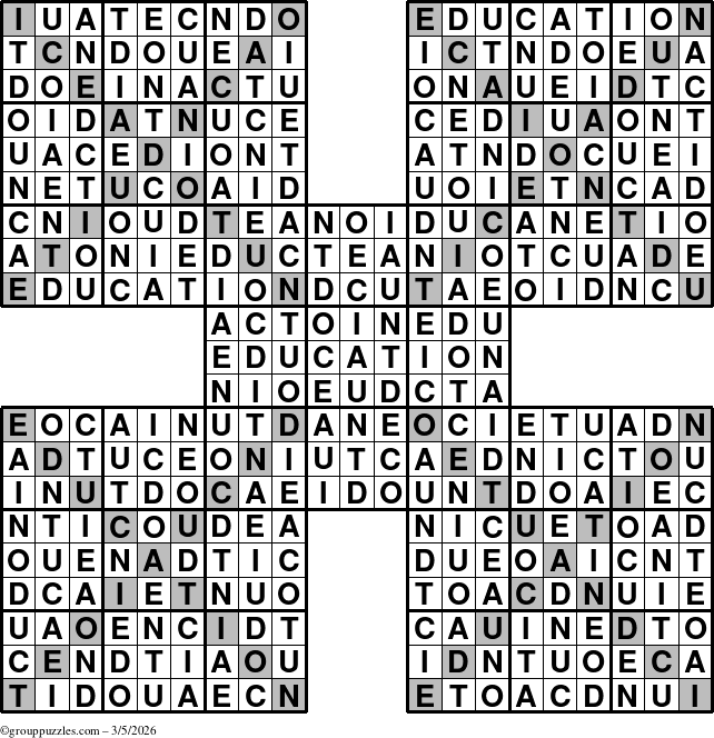 The grouppuzzles.com Answer grid for the Education-Xtreme puzzle for Thursday March 5, 2026