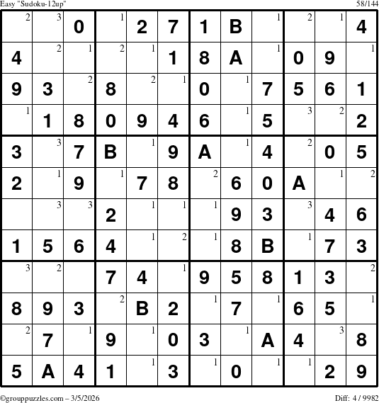 The grouppuzzles.com Easy Sudoku-12up puzzle for Thursday March 5, 2026 with the first 3 steps marked