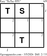 The grouppuzzles.com Easy TicTac-STU puzzle for Thursday March 5, 2026, suitable for printing, with all 2 steps marked