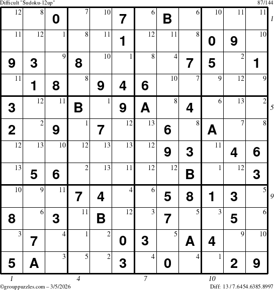 The grouppuzzles.com Difficult Sudoku-12up puzzle for Thursday March 5, 2026, suitable for printing, with all 13 steps marked