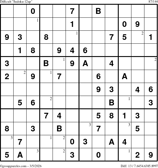 The grouppuzzles.com Difficult Sudoku-12up puzzle for Thursday March 5, 2026 with the first 3 steps marked