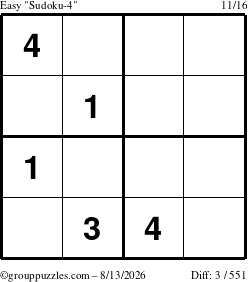 The grouppuzzles.com Easy Sudoku-4 puzzle for Thursday August 13, 2026