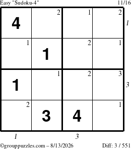 The grouppuzzles.com Easy Sudoku-4 puzzle for Thursday August 13, 2026, suitable for printing, with all 3 steps marked