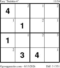 The grouppuzzles.com Easy Sudoku-4 puzzle for Thursday August 13, 2026 with the first 3 steps marked