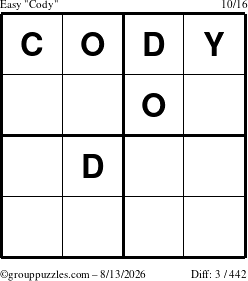 The grouppuzzles.com Easy Cody puzzle for Thursday August 13, 2026