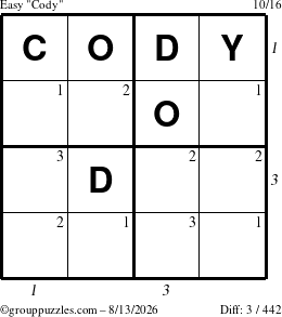 The grouppuzzles.com Easy Cody puzzle for Thursday August 13, 2026 with all 3 steps marked