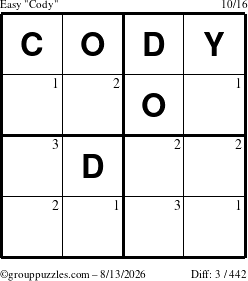 The grouppuzzles.com Easy Cody puzzle for Thursday August 13, 2026 with the first 3 steps marked