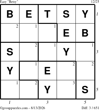The grouppuzzles.com Easy Betsy puzzle for Thursday August 13, 2026, suitable for printing, with all 3 steps marked