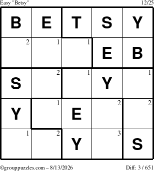 The grouppuzzles.com Easy Betsy puzzle for Thursday August 13, 2026 with the first 3 steps marked