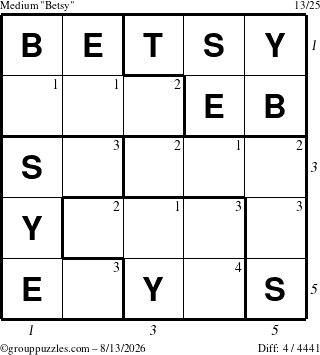 The grouppuzzles.com Medium Betsy puzzle for Thursday August 13, 2026 with all 4 steps marked