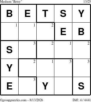 The grouppuzzles.com Medium Betsy puzzle for Thursday August 13, 2026 with the first 3 steps marked