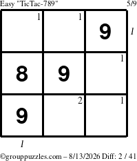 The grouppuzzles.com Easy TicTac-789 puzzle for Thursday August 13, 2026, suitable for printing, with all 2 steps marked