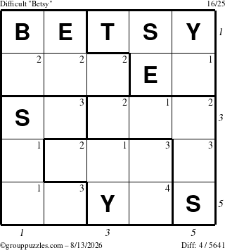The grouppuzzles.com Difficult Betsy puzzle for Thursday August 13, 2026 with all 4 steps marked