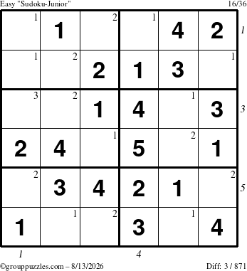 The grouppuzzles.com Easy Sudoku-Junior puzzle for Thursday August 13, 2026 with all 3 steps marked