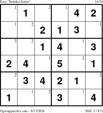 The grouppuzzles.com Easy Sudoku-Junior puzzle for Thursday August 13, 2026 with the first 3 steps marked