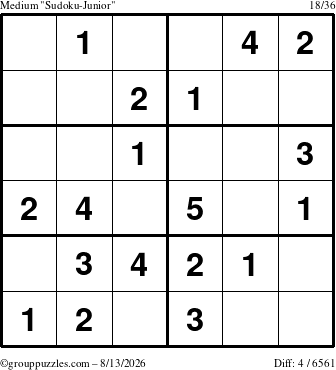 The grouppuzzles.com Medium Sudoku-Junior puzzle for Thursday August 13, 2026