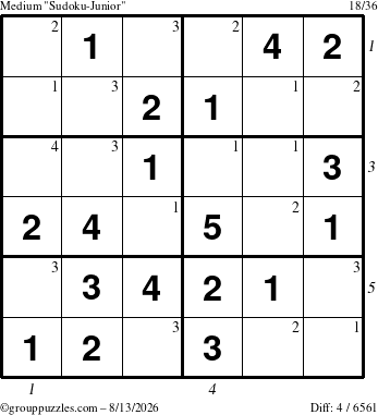 The grouppuzzles.com Medium Sudoku-Junior puzzle for Thursday August 13, 2026 with all 4 steps marked