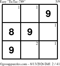 The grouppuzzles.com Easy TicTac-789 puzzle for Thursday August 13, 2026 with the first 2 steps marked
