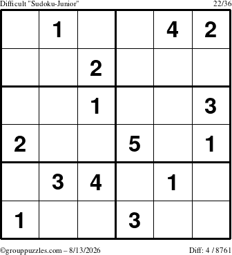 The grouppuzzles.com Difficult Sudoku-Junior puzzle for Thursday August 13, 2026