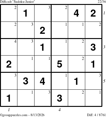 The grouppuzzles.com Difficult Sudoku-Junior puzzle for Thursday August 13, 2026 with all 4 steps marked