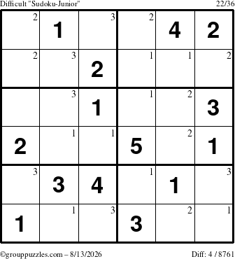 The grouppuzzles.com Difficult Sudoku-Junior puzzle for Thursday August 13, 2026 with the first 3 steps marked