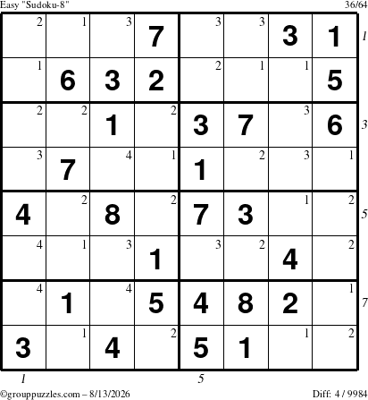 The grouppuzzles.com Easy Sudoku-8 puzzle for Thursday August 13, 2026 with all 4 steps marked