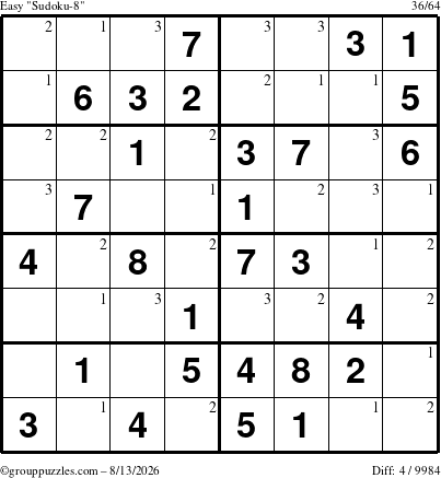 The grouppuzzles.com Easy Sudoku-8 puzzle for Thursday August 13, 2026 with the first 3 steps marked