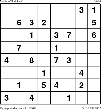 The grouppuzzles.com Medium Sudoku-8 puzzle for Thursday August 13, 2026