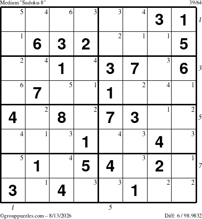 The grouppuzzles.com Medium Sudoku-8 puzzle for Thursday August 13, 2026 with all 6 steps marked