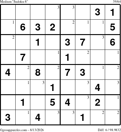 The grouppuzzles.com Medium Sudoku-8 puzzle for Thursday August 13, 2026 with the first 3 steps marked