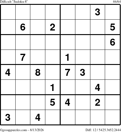 The grouppuzzles.com Difficult Sudoku-8 puzzle for Thursday August 13, 2026