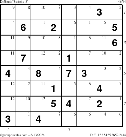 The grouppuzzles.com Difficult Sudoku-8 puzzle for Thursday August 13, 2026 with all 12 steps marked