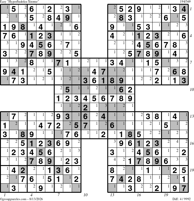 The grouppuzzles.com Easy cover-HyperXtreme puzzle for Thursday August 13, 2026 with all 4 steps marked