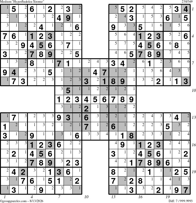 The grouppuzzles.com Medium cover-HyperXtreme puzzle for Thursday August 13, 2026 with all 7 steps marked