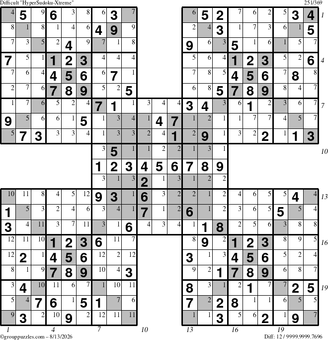 The grouppuzzles.com Difficult cover-HyperXtreme puzzle for Thursday August 13, 2026 with all 12 steps marked