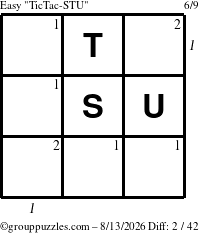 The grouppuzzles.com Easy TicTac-STU puzzle for Thursday August 13, 2026 with all 2 steps marked
